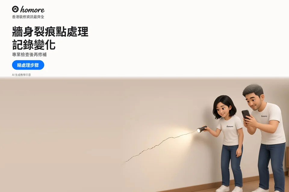 男女以手電筒和手機記錄牆身裂痕;封面標題:牆身裂痕點處理,記錄變化