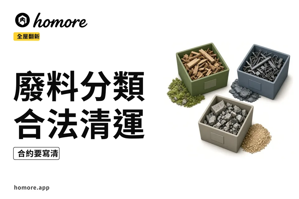 示意圖:裝修廢料分類區示意,泥頭木料金屬分堆