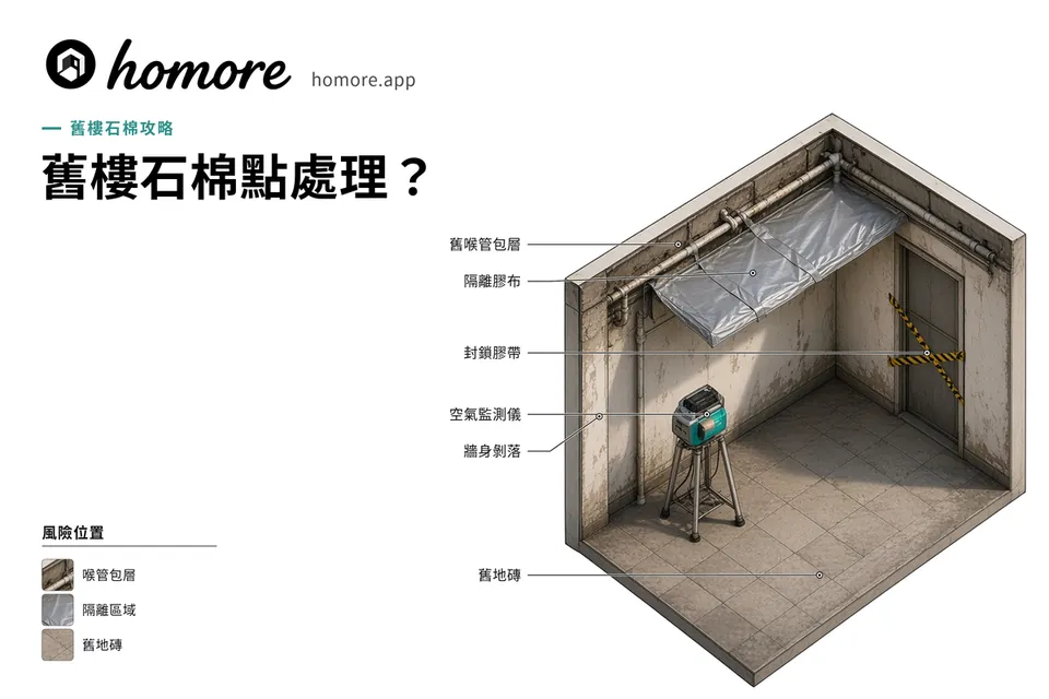 舊樓石棉點處理示意圖:標示舊喉管包層、隔離膠布、封鎖膠帶、空氣監測儀、牆身剝落同舊地磚