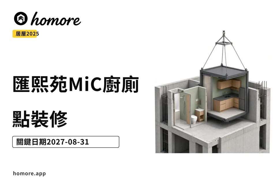 示意圖:匯熙苑組裝合成浴室廚房示意,模組化廚廁同單位其他空間以不同灰藍色標示