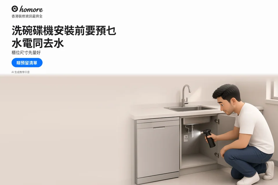 住戶用電筒查看廚櫃內洗碗碟機旁的水喉、插蘇與可用空間;封面標題:洗碗碟機安裝前要預乜,水電同去水