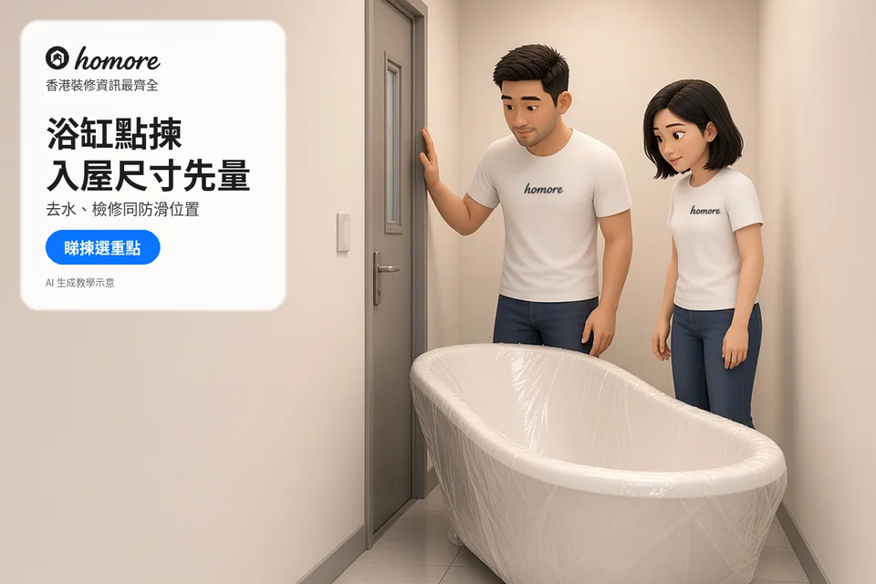住戶比較包裝浴缸與浴室門口的搬運空間;封面標題:浴缸點揀,入屋尺寸先量