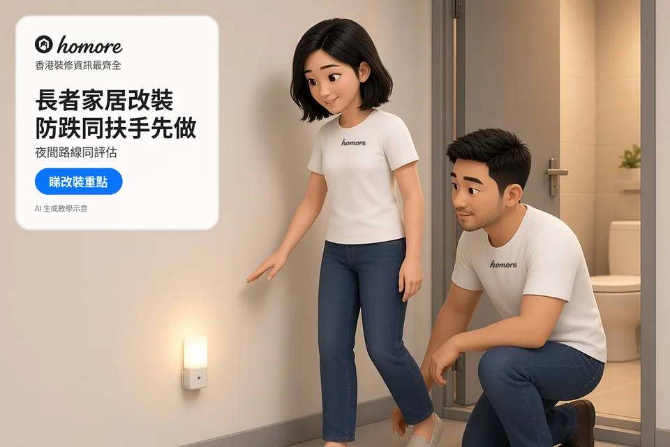 兩位住戶查看浴室門外夜燈與夜間通道位置;封面標題:長者家居改裝,防跌同扶手先做