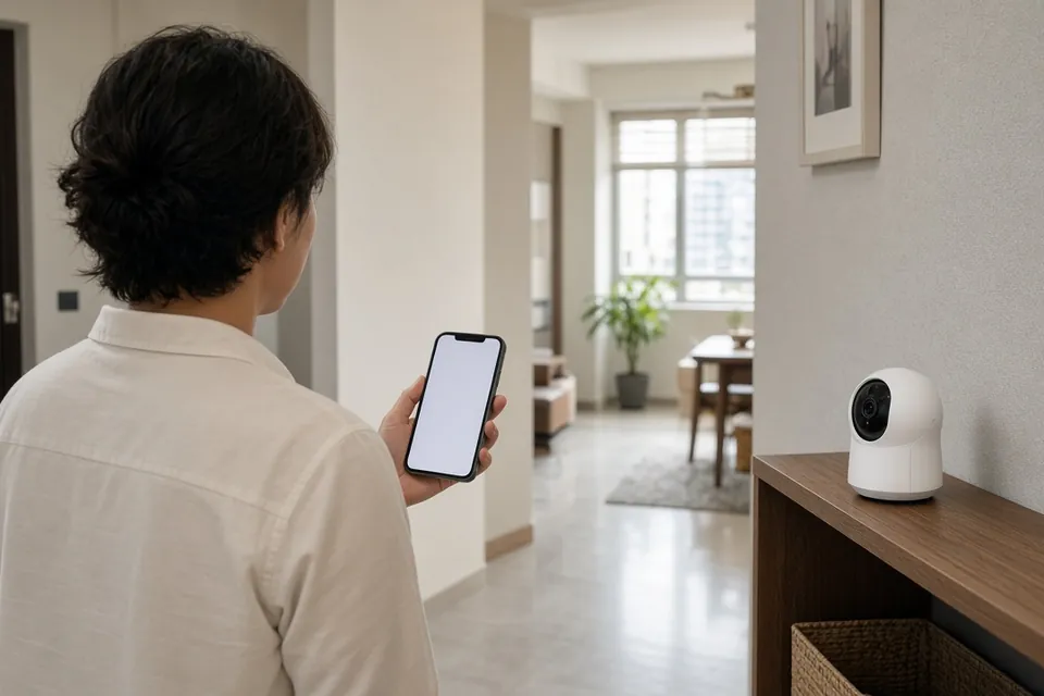 住戶背影喺玄關用手機為監控鏡頭改密碼，家傭喺旁邊，提示安裝鏡頭要知會家人同家傭