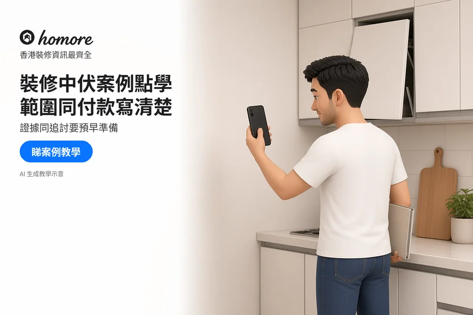 住戶用手機拍攝廚房牆面與櫃門情況,保存裝修問題記錄;封面標題:裝修中伏案例點學,範圍同付款寫清楚