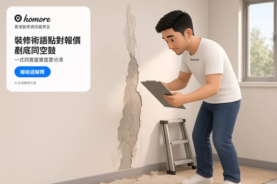 住戶用資料板記錄牆身剝落的範圍,旁邊有小型摺梯;封面標題:裝修術語點對報價,剷底同空鼓