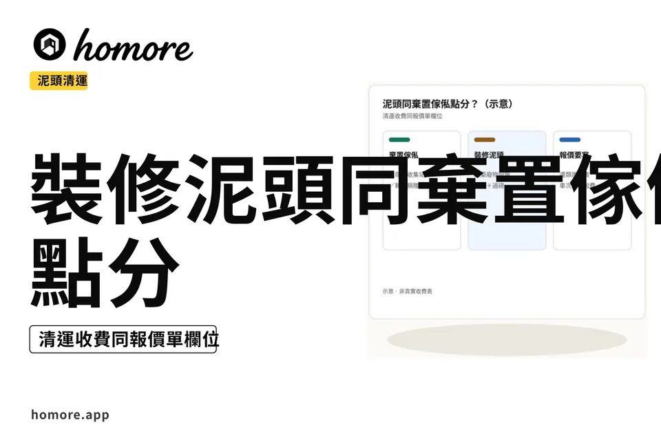 示意圖:家居廢物同建築廢物兩欄分類教學板,清運責任箭嘴