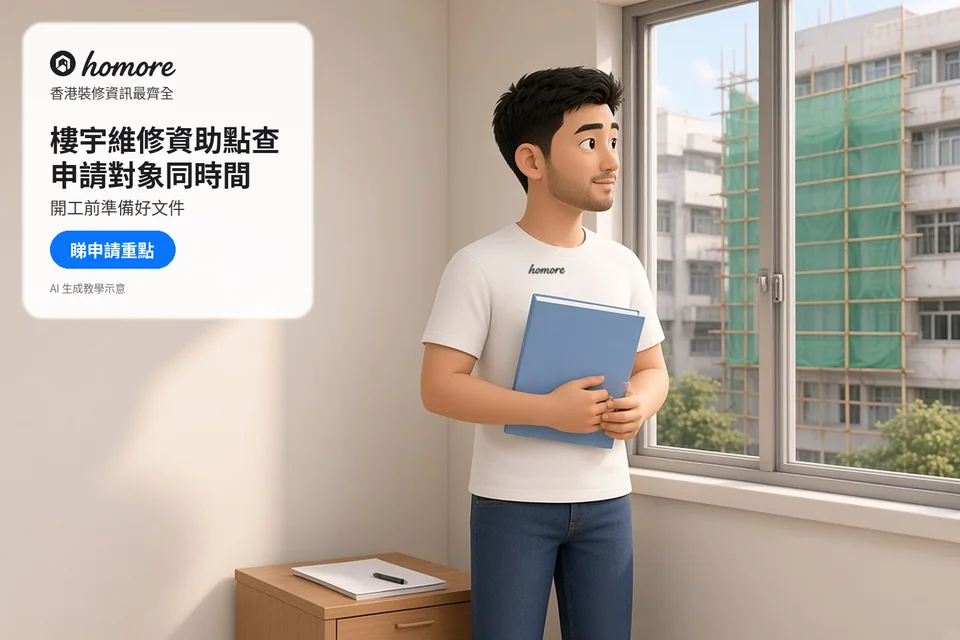 住戶拿着維修資料夾,在窗旁查看大廈外牆棚架;封面標題:樓宇維修資助點查,申請對象同時間
