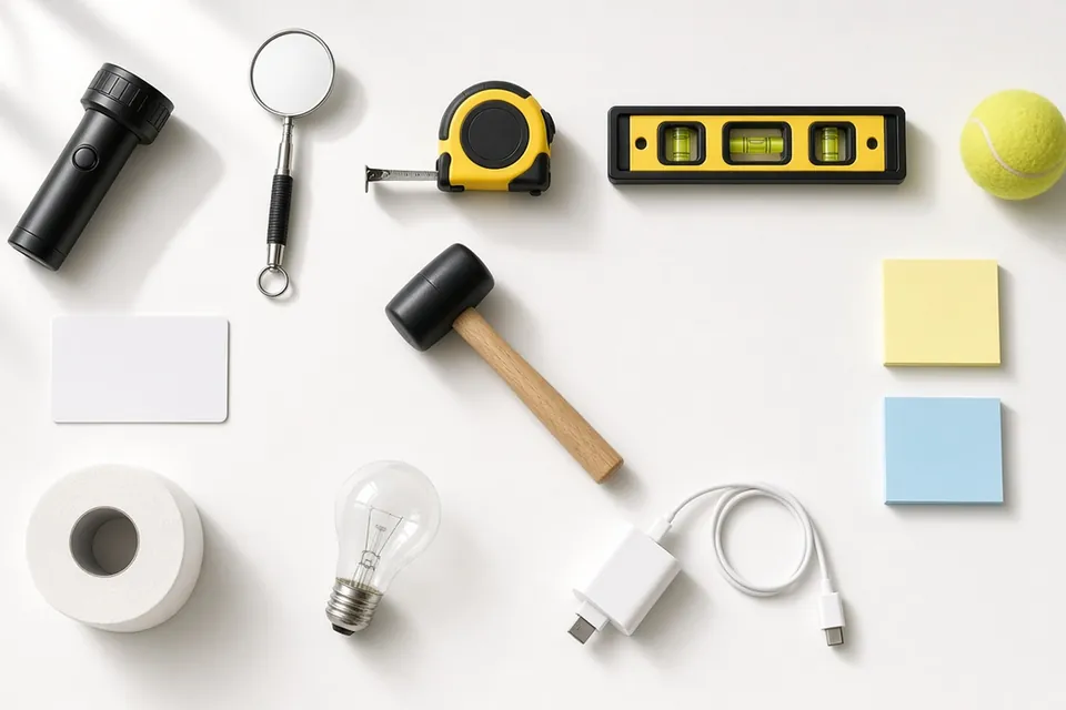 白色地上排好收樓工具：電筒、檢查鏡、軟尺、水平儀、網球、卡片、細木槌、告示貼、廁紙、燈泡同手機充電器